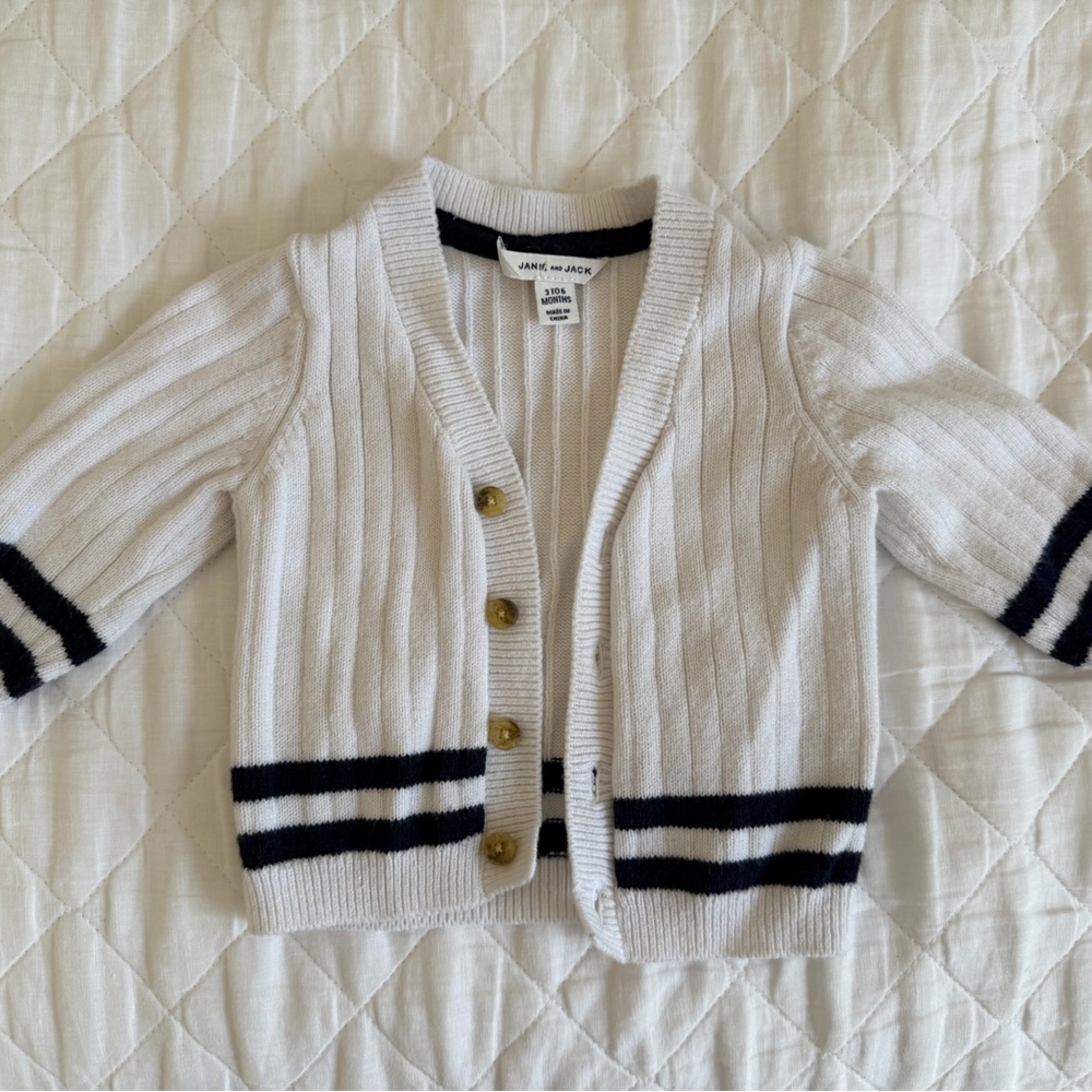 Janie and Jack white Cardigan with navy detail